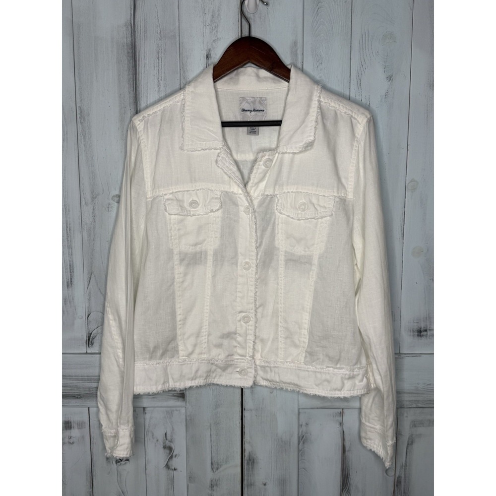 WOMENS TOMMY BAHAMA TWO PALMS 100% LINEN RAW EDGE BUTTON UP JACKET WHITE LARGE